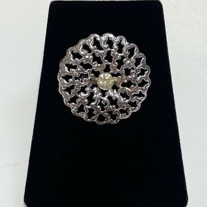 Vintage Rhinestone Silver Tone Filigree Brooch Pin